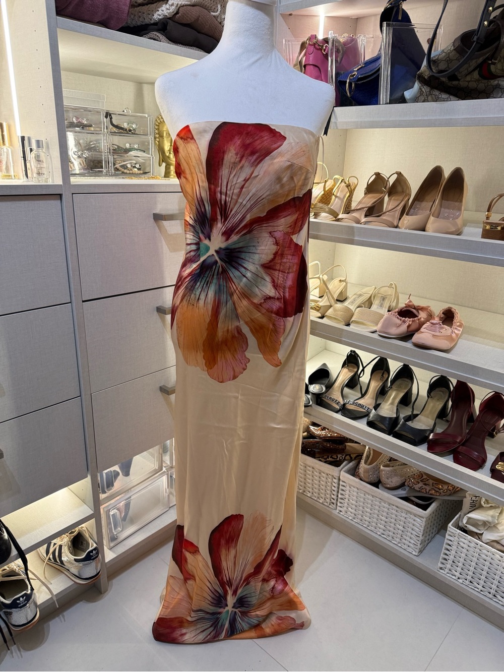 Anthropologie Strapless Beige Maxi Dress with Red & Orange Floral Print